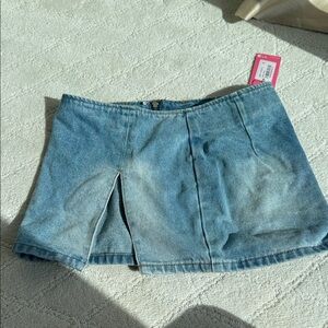 Denim Mini Skirt with Front Slit - Light Blue